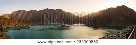 Hatta Dam Lake Panorama At Sunset, Dubai, United Arab Emirates