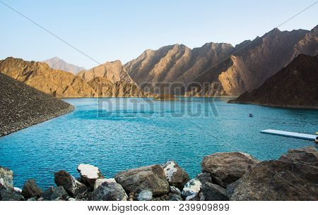 Hatta Dam Lake Scenery In Eastern Dubai, United Arab Emirates