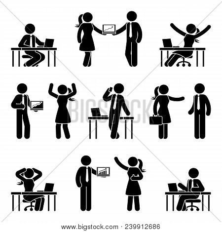 Stick Figure Business People Icon Set. Vector Illustration Of Men And Women At Workplace Isolated On