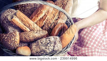 Girl With A Basket Of Fresh Bread