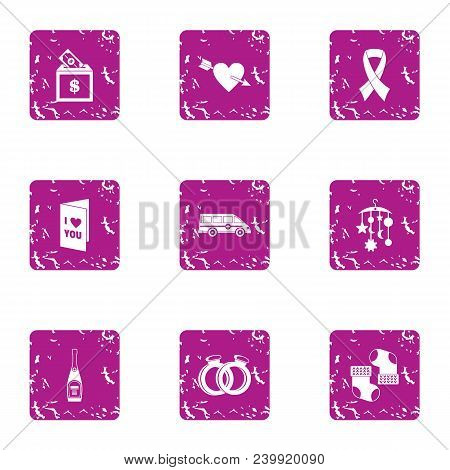 Love Interpretation Icons Set. Grunge Set Of 9 Love Interpretation Vector Icons For Web Isolated On 