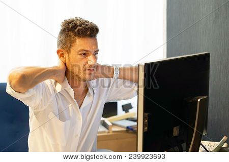 Tired Neck. Office Worker Man Suffering From Neck Pain. Male Feeling Tired, Exhausted, Stressed. Men