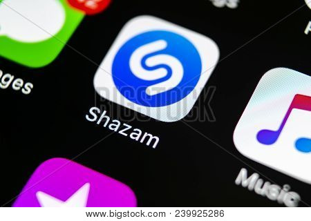 Sankt-petersburg, Russia, May 10, 2018: Shazam Application Icon On Apple Iphone X Screen Close-up. S