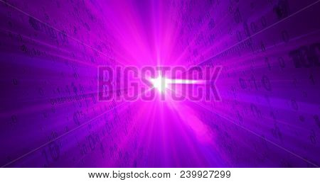Digital Technology Concept. Fiery Red Binary Code Flying From Light Source In Background. Light Rays