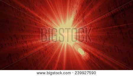 Digital Technology Concept. Fiery Red Binary Code Flying From Light Source In Background. Light Rays