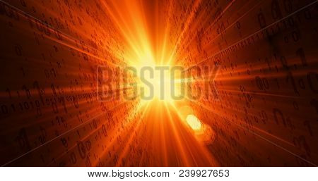 Digital Technology Concept. Fiery Red Binary Code Flying From Light Source In Background. Light Rays