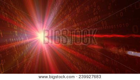 Digital Technology Concept. Fiery Red Binary Code Flying From Light Source In Background. Light Rays
