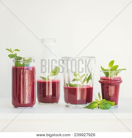 Fresh Morning Beetroot Smoothie Or Juice In Glasses With Mint, White Background, Copy Space, Square 