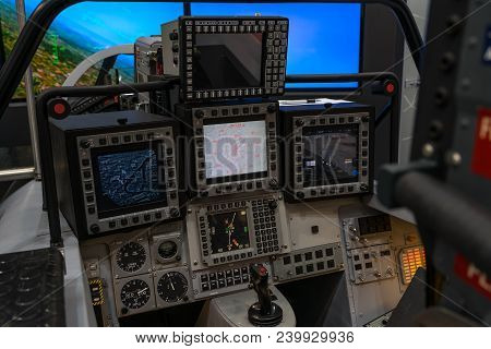 Berlin, Germany - April 25, 2018: Cockpit Of Multirole Fighter Panavia Tornado. Training Simulator F