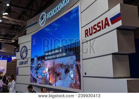 Berlin, Germany - April 25, 2018: Stand Of The Company Roscosmos (roscosmos State Corporation For Sp