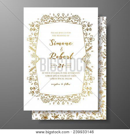 Golden Vector Wedding Invitation With Hand Drawn Twigs, Flowers And Brahches. Golden Botanical Templ