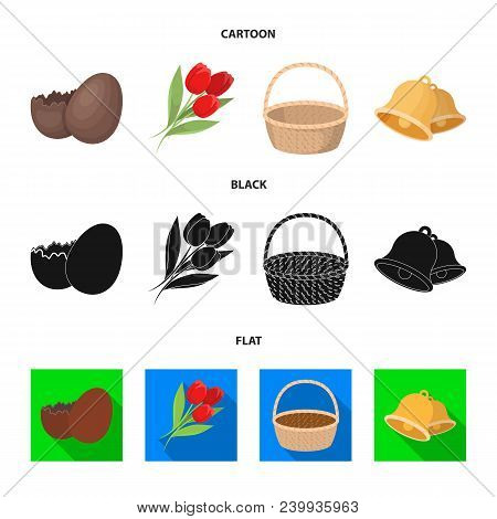 Chocolate Egg, Bells, Basket And Flowers.easter Set Collection Icons In Cartoon, Black, Flat Style V