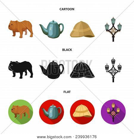 Breed Dog, Teapot, Brewer .england Country Set Collection Icons In Cartoon, Black, Flat Style Vector
