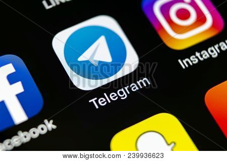 Sankt-petersburg, Russia, May 10, 2018: Telegram Application Icon On Apple Iphone X Screen Close-up.
