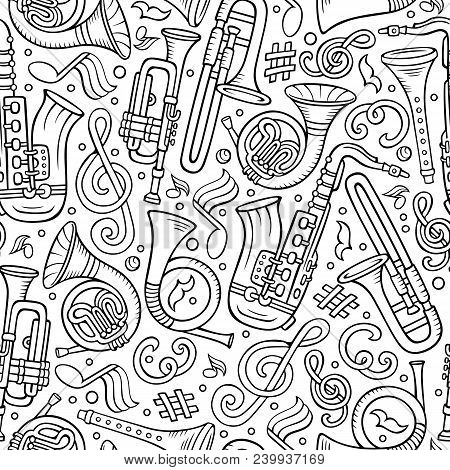 Cartoon Hand-drawn Classic Music Seamless Pattern. Lots Of Symbols, Objects And Elements. Perfect Fu