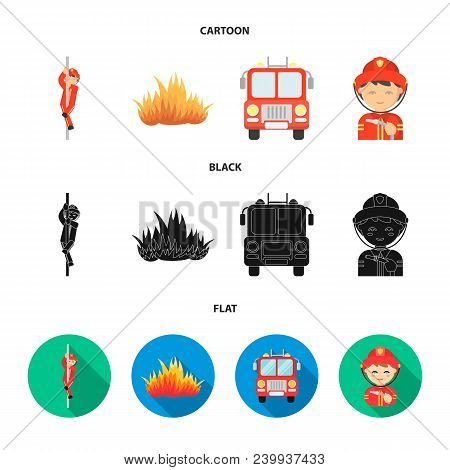 Fireman, Flame, Fire Truck. Fire Department Set Collection Icons In Cartoon, Black, Flat Style Vecto