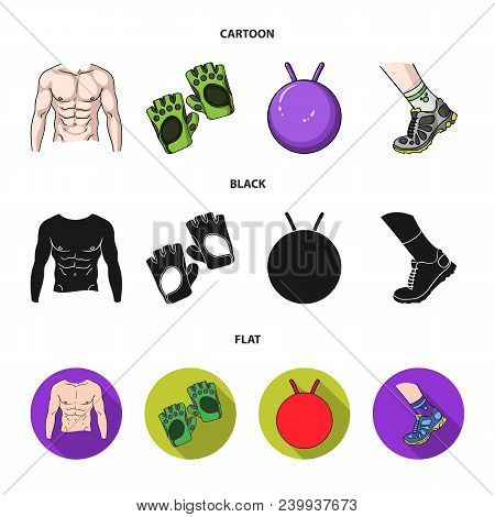 Men Torso, Gymnastic Gloves, Jumping Ball, Sneakers. Fitnes Set Collection Icons In Cartoon, Black, 