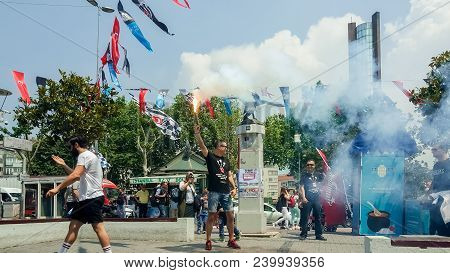 Istanbul, Turkey - June 03, 2017: Besiktas (bjk) Fans Celebrating Championship During The Day In Ist