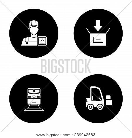 Cargo Shipping Glyph Icons Set. Delivery Service. Loader Man, Parcel Packing, Train, Forklift. Vecto