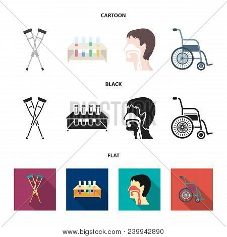 Crutch, Tripod With Test Tubes, Wheelchair, Human Respiratory System. Medicine Set Collection Icons 