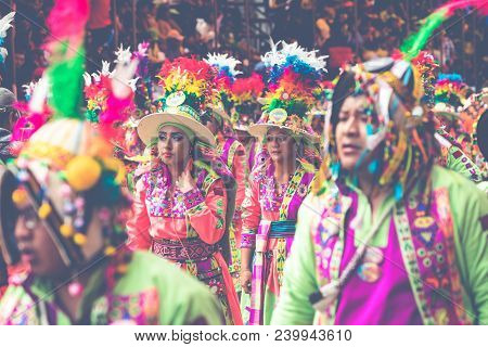 Oruro, Bolivia - February 10, 2018: Dancers At Oruro Carnival In Bolivia, Declared Unesco Cultural W