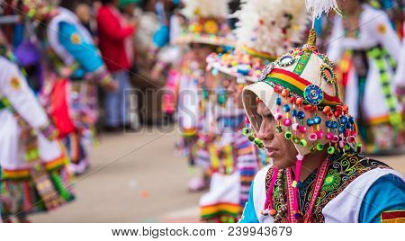 Oruro, Bolivia - February 10, 2018: Dancers At Oruro Carnival In Bolivia, Declared Unesco Cultural W