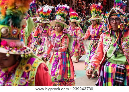 Oruro, Bolivia - February 10, 2018: Dancers At Oruro Carnival In Bolivia, Declared Unesco Cultural W