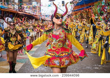 Oruro, Bolivia - February 10, 2018: Dancers At Oruro Carnival In Bolivia, Declared Unesco Cultural W