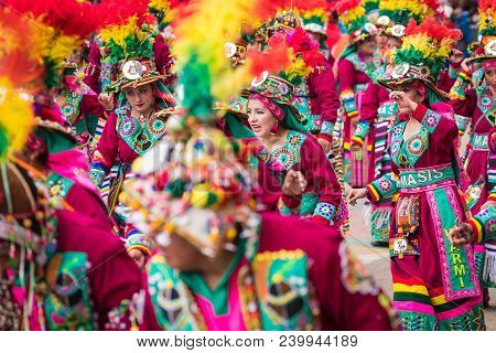 Oruro, Bolivia - February 10, 2018: Dancers At Oruro Carnival In Bolivia, Declared Unesco Cultural W
