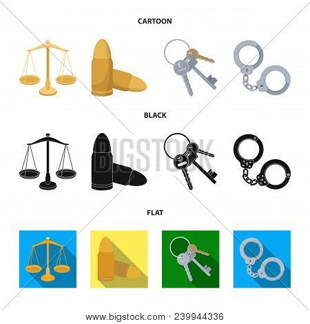 Scales Of Justice, Cartridges, A Bunch Of Keys, Handcuffs.prison Set Collection Icons In Cartoon, Bl