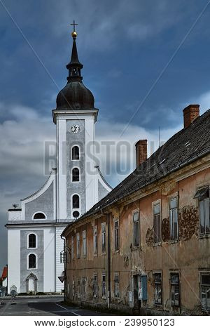 A Historic Church With A Bell Tower In The City Of Vidnava In The Czech Republic