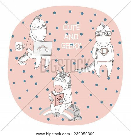 Hand Drawn Vector Illustration Of A Cute Funny Cartoon Unicorn Reading A Book, Dragons In Glasses, W