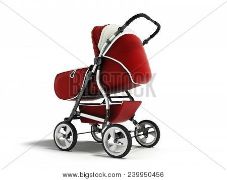 Modern Baby Carriage With Dome Against Rain And Wind Red With White Insets 3d Render On White Backgr
