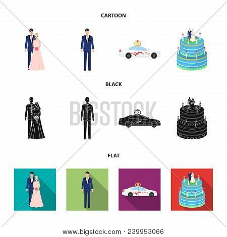 Wedding And Attributes Cartoon , Flat, Outline, Black Icons In Set Collection For Design.newlyweds A