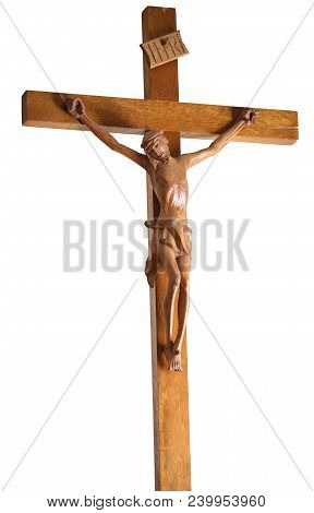 Wooden Crucifix With Jesus With The Text Inri On Top