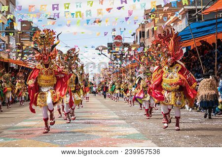 Oruro, Bolivia - February 10, 2018: Dancers At Oruro Carnival In Bolivia, Declared Unesco Cultural W