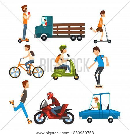 People On The Street Set, Various Vehicles Cartoon Vector Illustration Isolated On A White Backgroun