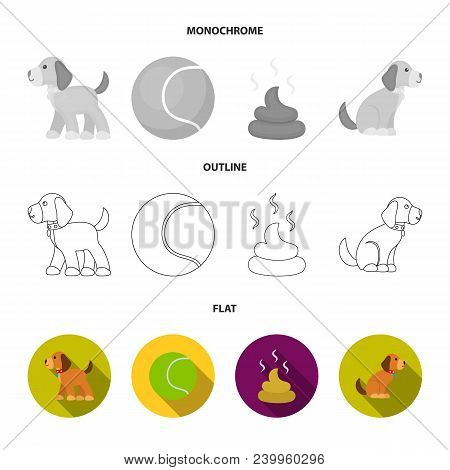 Dog Sitting, Dog Standing, Tennis Ball, Feces. Dog Set Collection Icons In Flat, Outline, Monochrome