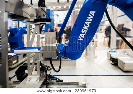 Hannover, Germany - April, 2018: Yaskawa Moto Mini Robot Arm On Messe Fair In Hannover, Germany