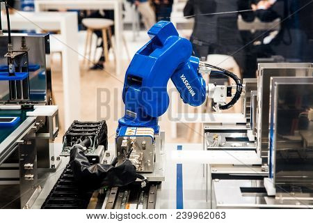 Hannover, Germany - April, 2018: Yaskawa Moto Mini Robot Arm On Messe Fair In Hannover, Germany