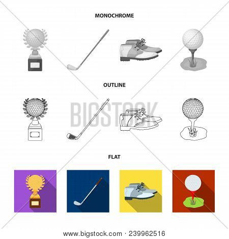Cup, Golf Club, Ball On The Stand, Golfer Shoes.golf Club Set Collection Icons In Flat, Outline, Mon