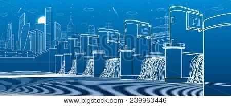 Hydro Power Plant. River Dam. Energy Station. City Infrastructure Industrial Illustration Panorama. 