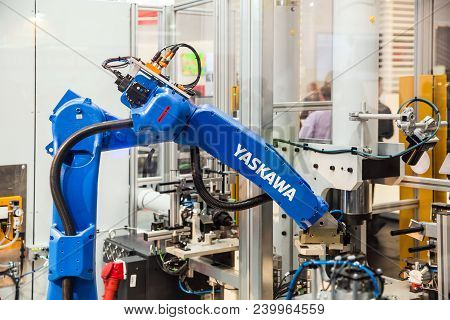 Hannover, Germany - April, 2018: Yaskawa Robot Arm On Messe Fair In Hannover, Germany