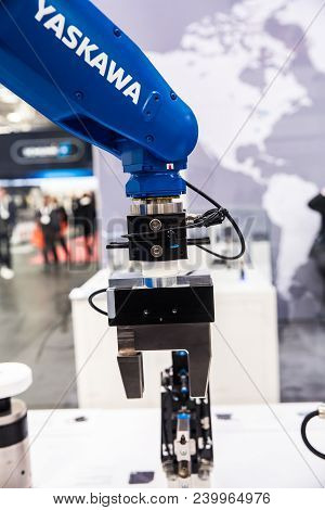 Hannover, Germany - April, 2018: Yaskawa Motoman Robot Arm On Messe Fair In Hannover, Germany