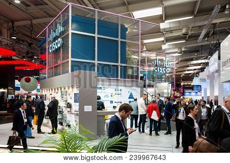 Hannover, Germany - April, 2018: Cisco Booth Stand On Messe Fair In Hannover, Germany