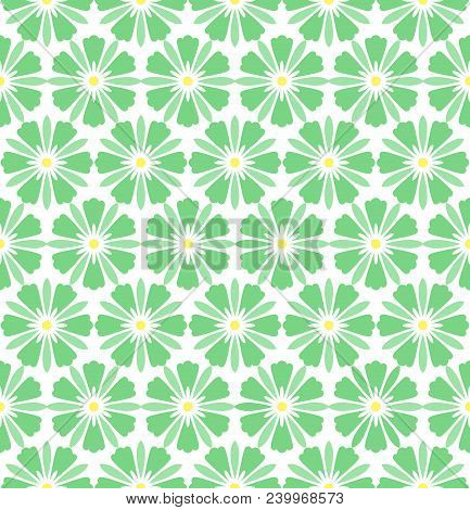 Flower Geometric Pattern. Seamless Vector Background. White And Green Ornament. Ornament For Fabric,