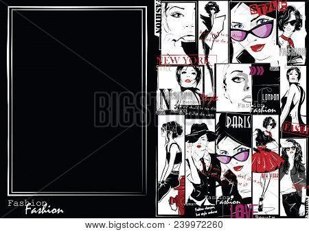 Fashion Collage With Freehand Drawings, Female Faces