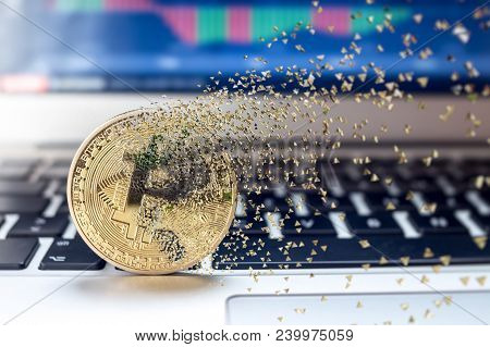 Bitcoin Fail Concept, Physical Golden Bitcoin Bursting Disperse In Pieces Fragments