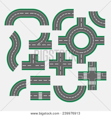 Set Street And Road With Pedestrian Crossings, Crossroads, Forks, Elements For City Roads, Asphalt R