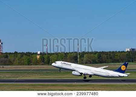 Berlin Germany - April 21. 2018: Lufthansa Airbus A321 Take Off At Berlin Tegel Airport